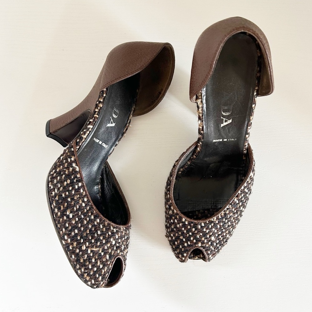 Prada Vintage Brown Tweed D'Orsay Peep Toe Sculpted Heel Pumps Size EU 37.5